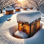 Snow-covered beehives